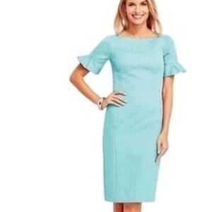 Talbots Tiffany Blue Jacquard Brocade Sheath Dress with Flutter Sleeves